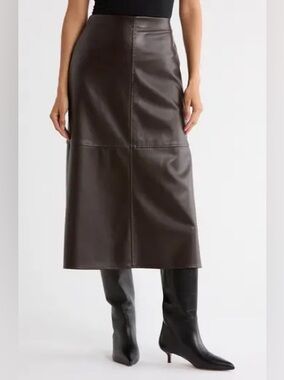 Max Studio London Dark Brown Genuine Leather Midi Skirt Size Medium Vintage Chic
